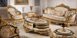 Casa Padrino Luxus Barock Wohnzimmer Set Gold / Weiß / Blau / Gold - 2 Sofas & 2 Sessel & 1 Couchtisch & 2 Beistelltische - Handgefertigte Wohnzimmer Möbel im Barockstil - Edel & Prunkvoll