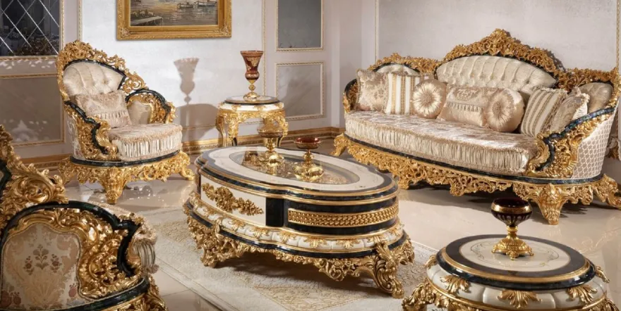 Casa Padrino Luxus Barock Wohnzimmer Set Gold / Weiß / Blau / Gold - 2 Sofas & 2 Sessel & 1 Couchtisch & 2 Beistelltische - Handgefertigte Wohnzimmer Möbel im Barockstil - Edel & Prunkvoll