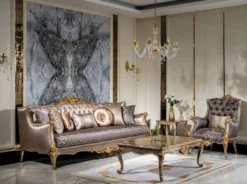 Casa Padrino Luxus Barock Wohnzimmer Set Silber / Lila / Antik Silber / Braun / Gold - 2 Sofas & 2 Sessel & 1 Couchtisch - Prunkvolle Wohnzimmer Möbel im Barockstil