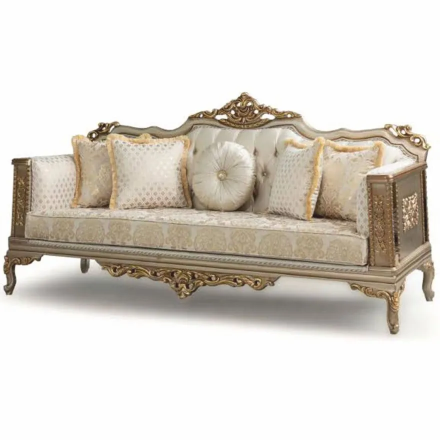 Casa Padrino Luxus Barock Wohnzimmer Sofa Creme / Grau / Gold 220 cm - Barock Möbel