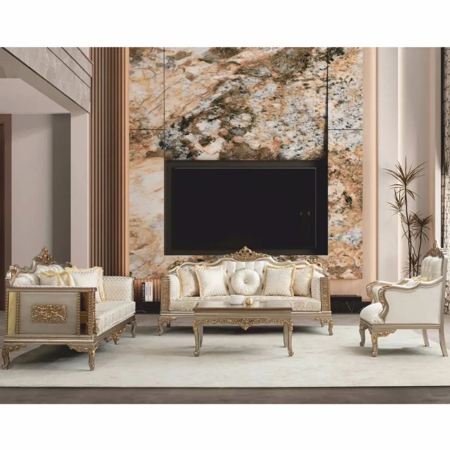 Casa Padrino Luxus Barock Wohnzimmer Sofa Creme / Grau / Gold 220 cm - Barock Möbel