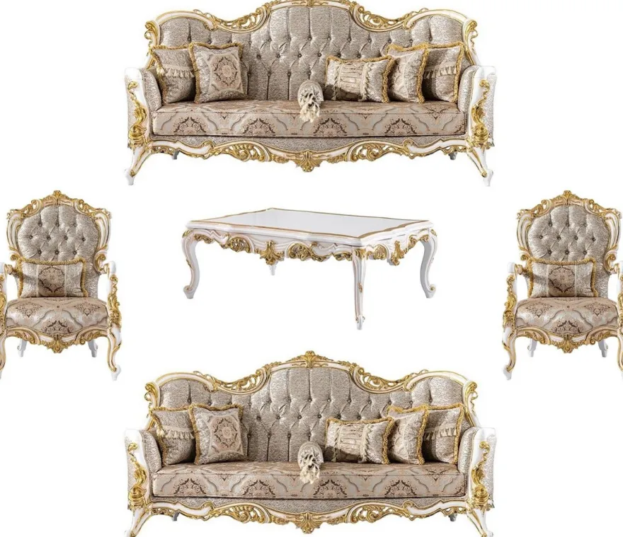 Casa Padrino Luxus Barock Wohnzimmer Set Silber / Beige / Schwarz / Weiß / Gold - 2 Barock Sofas & 2 Barock Sessel & 1 Barock Couchtisch - Luxus Wohnzimmer Möbel im Barockstil - Barock Möbel