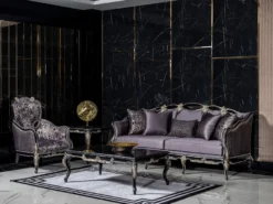 Casa Padrino Luxus Barock Wohnzimmer Set Lila / Schwarz / Gold - 2 Sofas & 2 Sessel & 1 Couchtisch - Prunkvolle Wohnzimmer Möbel im Barockstil
