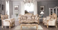 Casa Padrino Luxus Barock Wohnzimmer Set Beige / Braun / Naturfarben - 2 Barock Sofas mit Blumenmuster & 2 Barock Sessel mit Blumenmuster & 1 Barock Couchtisch - Barock Wohnzimmer Möbel