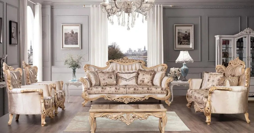 Casa Padrino Luxus Barock Wohnzimmer Set Beige / Braun / Naturfarben - 2 Barock Sofas mit Blumenmuster & 2 Barock Sessel mit Blumenmuster & 1 Barock Couchtisch - Barock Wohnzimmer Möbel