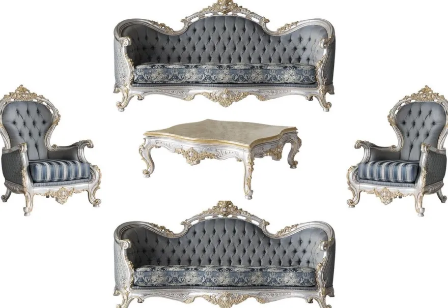 Casa Padrino Luxus Barock Wohnzimmer Set Grau / Blau / Silber / Gold - 2 Sofas & 2 Sessel & 1 Couchtisch - Prunkvolle Wohnzimmer Möbel im Barockstil