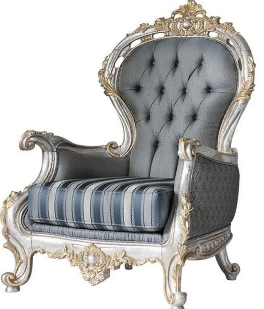 Casa Padrino Luxus Barock Wohnzimmer Set Grau / Blau / Silber / Gold - 2 Sofas & 2 Sessel & 1 Couchtisch - Prunkvolle Wohnzimmer Möbel im Barockstil