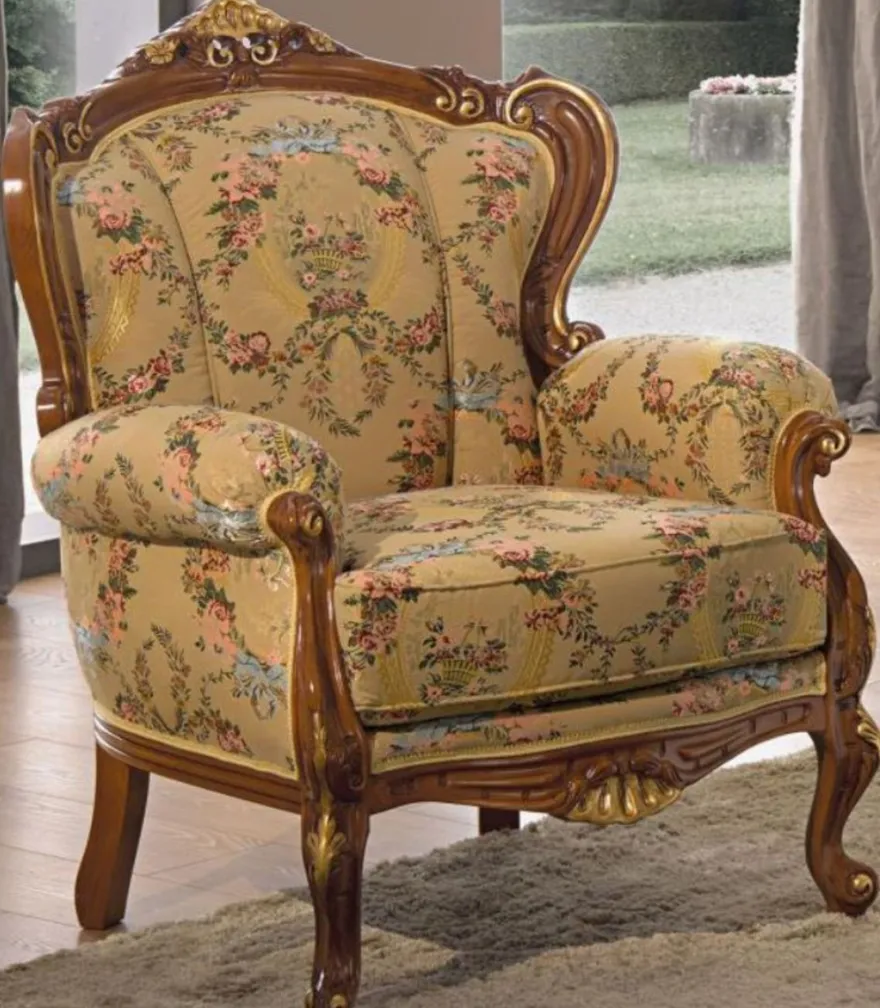 Casa Padrino Luxus Barock Wohnzimmer Sessel mit Blumenmuster Beige / Mehrfarbig / Braun / Gold 79 x 84 x H. 100 cm - Edle Barockstil Wohnzimmer Möbel