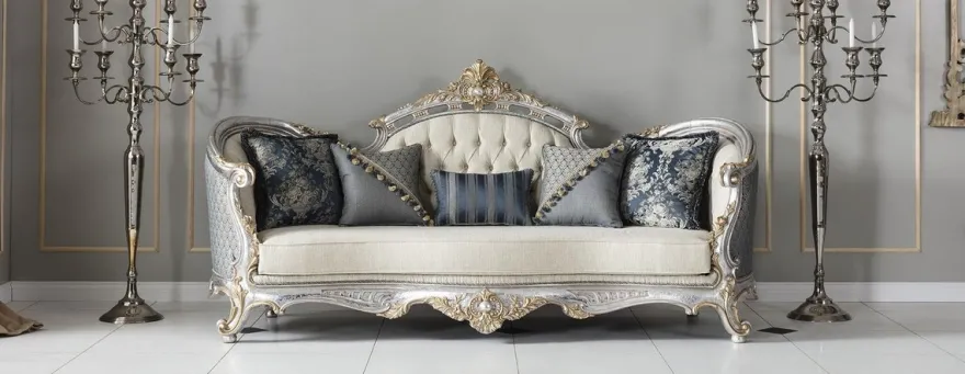 Casa Padrino Luxus Barock Wohnzimmer Sofa mit dekorativen Kissen Creme / Blau / Silber / Gold 250 x 95 x H. 125 cm - Edel & Prunkvoll