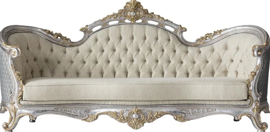 Casa Padrino Luxus Barock Wohnzimmer Sofa mit dekorativen Kissen Creme / Blau / Silber / Gold 250 x 95 x H. 125 cm - Edel & Prunkvoll