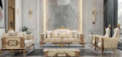 Casa Padrino Luxus Barock Wohnzimmer Set Weiß / Beige / Gold - 2 Barock Sofas & 2 Barock Sessel & 1 Barock Couchtisch - Luxus Wohnzimmer Möbel im Barockstil - Barock Möbel - Edel & Prunkvoll