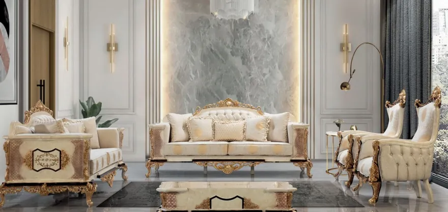 Casa Padrino Luxus Barock Wohnzimmer Set Weiß / Beige / Gold - 2 Barock Sofas & 2 Barock Sessel & 1 Barock Couchtisch - Luxus Wohnzimmer Möbel im Barockstil - Barock Möbel - Edel & Prunkvoll