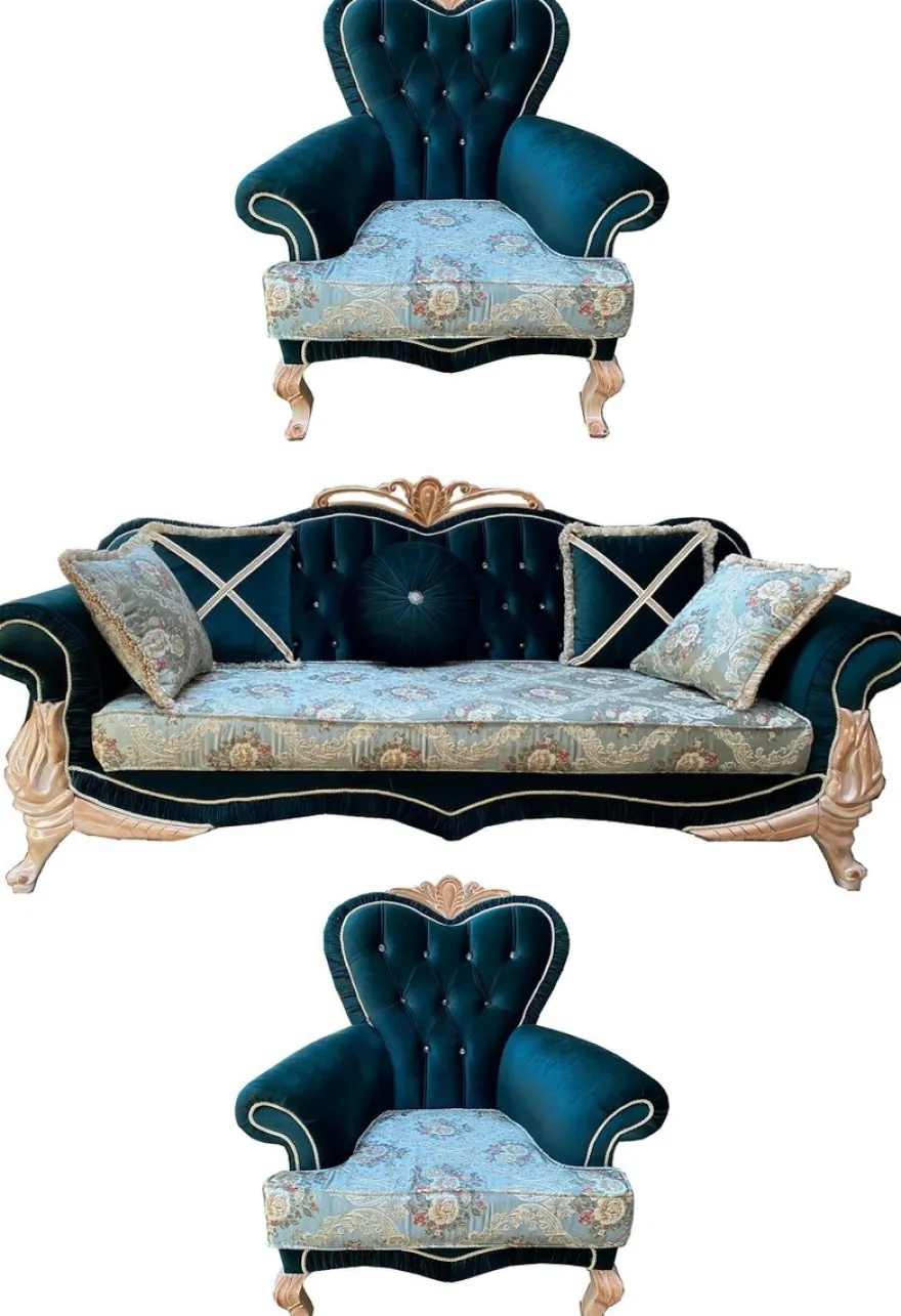Casa Padrino Luxus Barock Wohnzimmer Set mit elegantem Blumenmuster und Glitzersteinen Türkis / Grün / Creme - 1 Sofa & 2 Sessel - Prunkvolle Barock Wohnzimmer Möbel