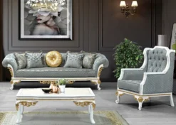 Casa Padrino Luxus Barock Wohnzimmer Set Türkis / Grau / Weiß / Gold - 2 Sofas mit Muster & 2 Sessel mit Muster & 1 Couchtisch - Prunkvolle Barock Wohnzimmer Möbel