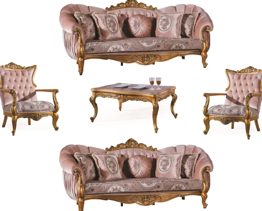 Casa Padrino Luxus Barock Wohnzimmer Set Rosa / Gold - 2 Sofas & 2 Sessel & 1 Couchtisch - Wohnzimmer Möbel - Edel & Prunkvoll
