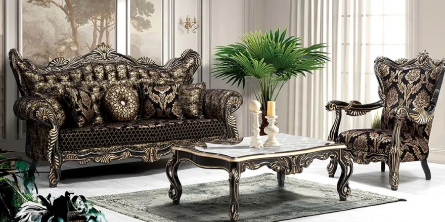 Casa Padrino Luxus Barock Wohnzimmer Set Schwarz / Gold - 2 Sofas & 2 Sessel & 1 Couchtisch - Wohnzimmer Möbel im Barockstil - Edel & Prunkvoll