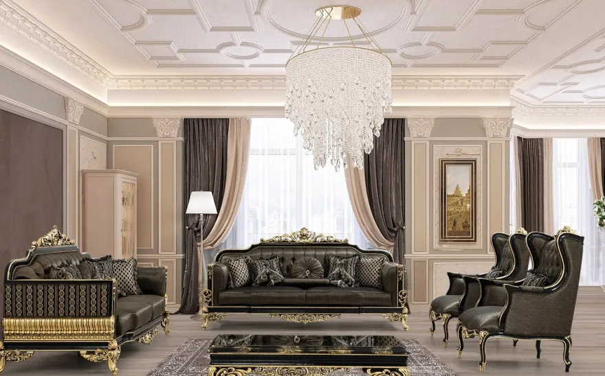 Casa Padrino Luxus Barock Wohnzimmer Set Grau / Schwarz / Gold - 2 Sofas & 2 Sessel & 1 Couchtisch - Prunkvolle Barock Wohnzimmer Möbel