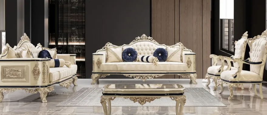 Casa Padrino Luxus Barock Wohnzimmer Set Weiß / Creme / Schwarz / Antik Gold - 2 Barock Sofas & 2 Barock Sessel & 1 Barock Couchtisch - Luxus Wohnzimmer Möbel im Barockstil - Barock Möbel