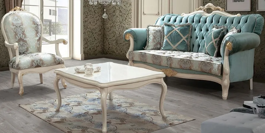 Casa Padrino Luxus Barock Wohnzimmer Set Türkis / Braun / Cremefarben / Gold - 2 Sofas mit Muster & 2 Sessel mit Muster & 1 Couchtisch - Wohnzimmer Möbel im Barockstil - Edel & Prunkvoll