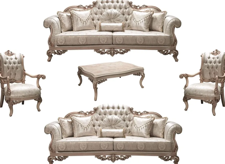 Casa Padrino Luxus Barock Wohnzimmer Set Silber / Creme / Beige - 2 Sofas & 2 Sessel & 1 Couchtisch - Prunkvolle Wohnzimmermöbel im Barockstil