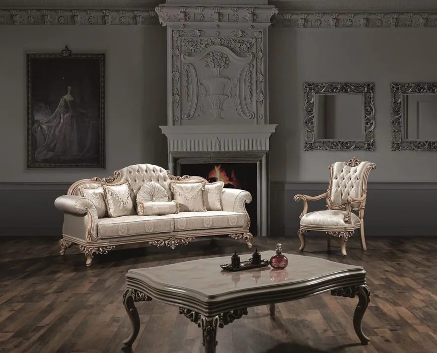 Casa Padrino Luxus Barock Wohnzimmer Set Silber / Creme / Beige - 2 Sofas & 2 Sessel & 1 Couchtisch - Prunkvolle Wohnzimmermöbel im Barockstil