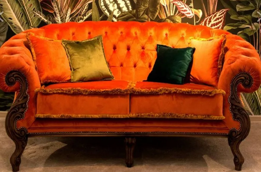 Casa Padrino Luxus Barock Wohnzimmer Sofa Orange / Braun - Handgefertigtes Barockstil Sofa - Prunkvolle Luxus Wohnzimmer Möbel im Barockstil - Barock Möbel