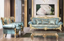 Casa Padrino Luxus Barock Wohnzimmer Set Türkis / Gold - 2 Barock Sofas mit Muster & 2 Barock Sessel mit Muster & 1 Barock Couchtisch - Barock Wohnzimmer Möbel