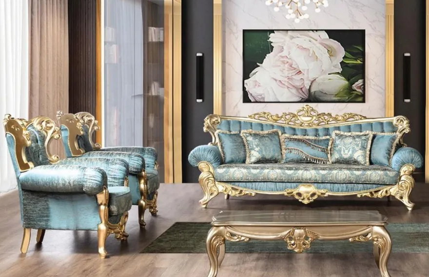 Casa Padrino Luxus Barock Wohnzimmer Set Türkis / Gold - 2 Barock Sofas mit Muster & 2 Barock Sessel mit Muster & 1 Barock Couchtisch - Barock Wohnzimmer Möbel