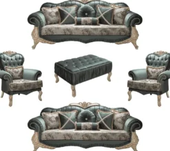 Casa Padrino Luxus Barock Wohnzimmer Set Grün / Creme / Beige - 2 Sofas & 2 Sessel & 1 Couchtisch - Wohnzimmer Möbel im Barockstil - Edel & Prunkvoll