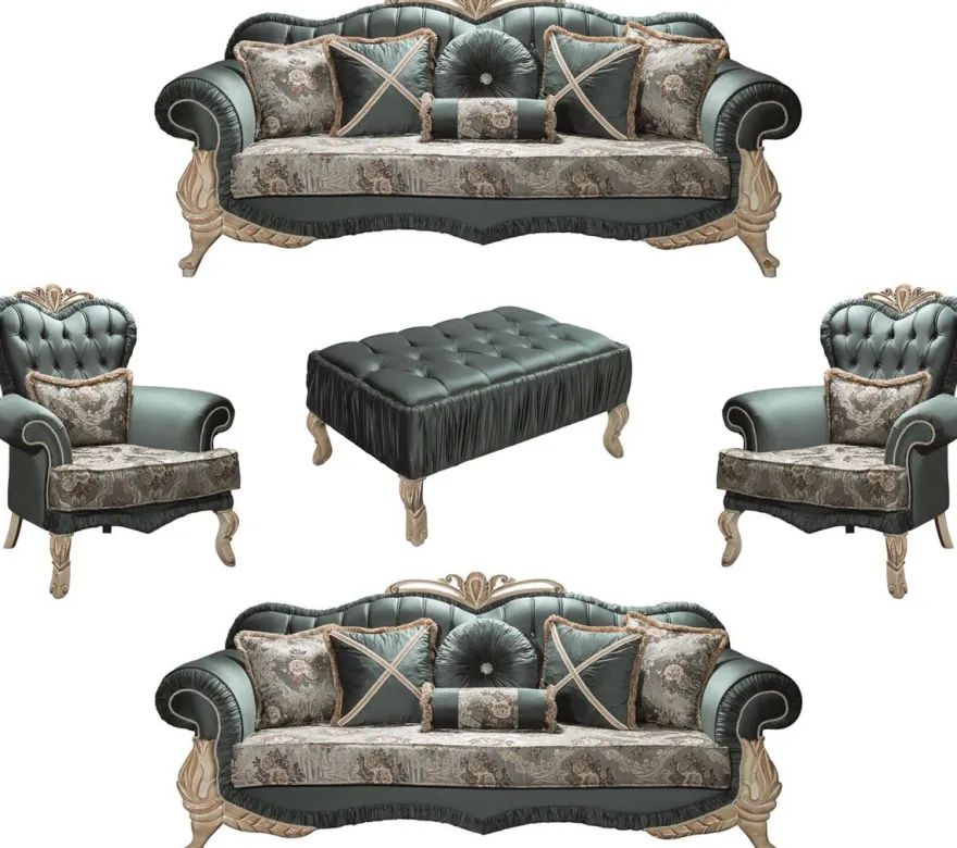 Casa Padrino Luxus Barock Wohnzimmer Set Grün / Creme / Beige - 2 Sofas & 2 Sessel & 1 Couchtisch - Wohnzimmer Möbel im Barockstil - Edel & Prunkvoll