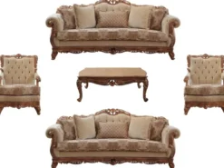 Casa Padrino Luxus Barock Wohnzimmer Set Beige / Braun - 2 Sofas & 2 Sessel & 1 Couchtisch - Handgefertigte Wohnzimmer Möbel im Barockstil - Edel & Prunkvoll