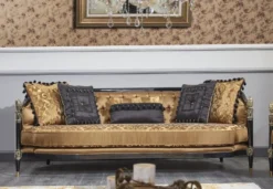 Casa Padrino Luxus Barock Wohnzimmer Set Gold / Schwarz - 2 Sofas & 2 Sessel & 1 Couchtisch & 2 Beistelltische - Prunkvolle Barock Möbel - Luxus Qualität