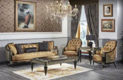 Casa Padrino Luxus Barock Wohnzimmer Set Gold / Schwarz - 2 Sofas & 2 Sessel & 1 Couchtisch & 2 Beistelltische - Prunkvolle Barock Möbel - Luxus Qualität
