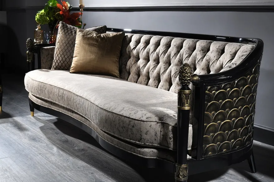 Casa Padrino Luxus Barock Wohnzimmer Set Silbergrau / Schwarz / Gold - 1 Chesterfield Sofa & 1 Sessel & 1 Couchtisch & 1 Beistelltisch - Barockmöbel