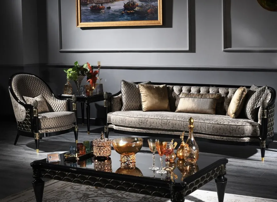 Casa Padrino Luxus Barock Wohnzimmer Set Silbergrau / Schwarz / Gold - 1 Chesterfield Sofa & 1 Sessel & 1 Couchtisch & 1 Beistelltisch - Barockmöbel