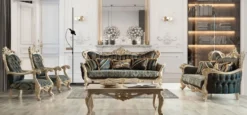 Casa Padrino Luxus Barock Wohnzimmer Set Dunkelblau / Türkis / Silber / Gold - 2 Barock Sofas mit Muster & 2 Barock Sessel mit Muster & 1 Barock Couchtisch - Barock Wohnzimmer Möbel