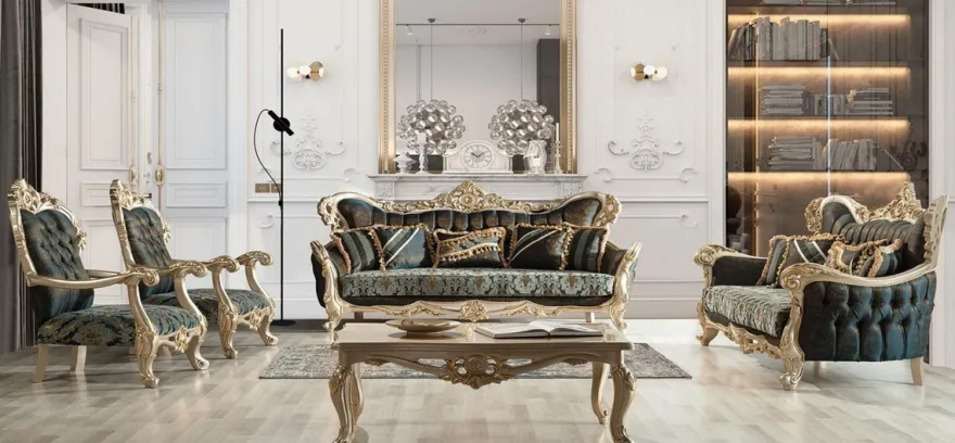 Casa Padrino Luxus Barock Wohnzimmer Set Dunkelblau / Türkis / Silber / Gold - 2 Barock Sofas mit Muster & 2 Barock Sessel mit Muster & 1 Barock Couchtisch - Barock Wohnzimmer Möbel