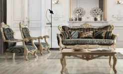 Casa Padrino Luxus Barock Wohnzimmer Set Dunkelblau / Türkis / Silber / Gold - 2 Barock Sofas mit Muster & 2 Barock Sessel mit Muster & 1 Barock Couchtisch - Barock Wohnzimmer Möbel