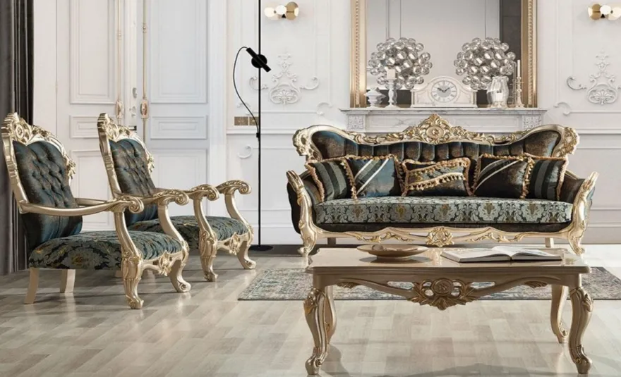 Casa Padrino Luxus Barock Wohnzimmer Set Dunkelblau / Türkis / Silber / Gold - 2 Barock Sofas mit Muster & 2 Barock Sessel mit Muster & 1 Barock Couchtisch - Barock Wohnzimmer Möbel