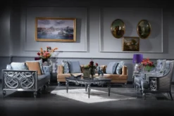 Casa Padrino Luxus Barock Wohnzimmer Set Blau / Beige / Silber - 2 Sofas & 2 Sessel & Couchtisch - Barock Wohnzimmermöbel