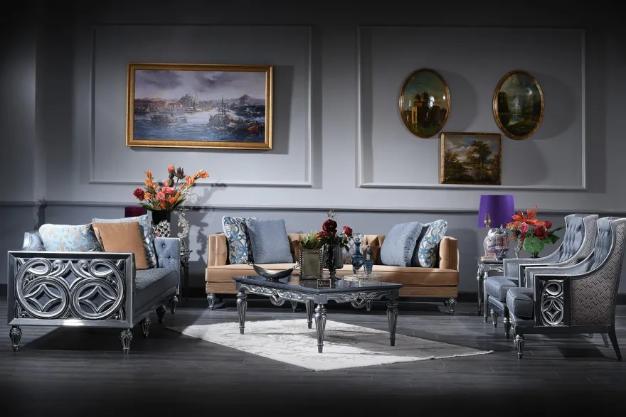 Casa Padrino Luxus Barock Wohnzimmer Set Blau / Beige / Silber - 2 Sofas & 2 Sessel & Couchtisch - Barock Wohnzimmermöbel