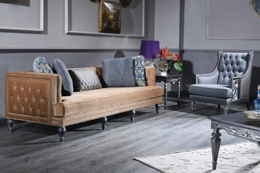 Casa Padrino Luxus Barock Wohnzimmer Set Blau / Beige / Silber - 2 Sofas & 2 Sessel & Couchtisch - Barock Wohnzimmermöbel