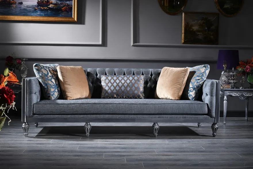 Casa Padrino Luxus Barock Wohnzimmer Set Blau / Beige / Silber - 2 Sofas & 2 Sessel & Couchtisch - Barock Wohnzimmermöbel