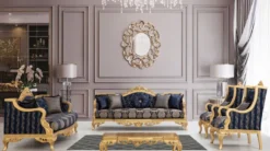 Casa Padrino Luxus Barock Wohnzimmer Set Dunkelblau / Gold - 2 Sofas & 2 Sessel & 1 Couchtisch - Prunkvolle Barock Wohnzimmer Möbel