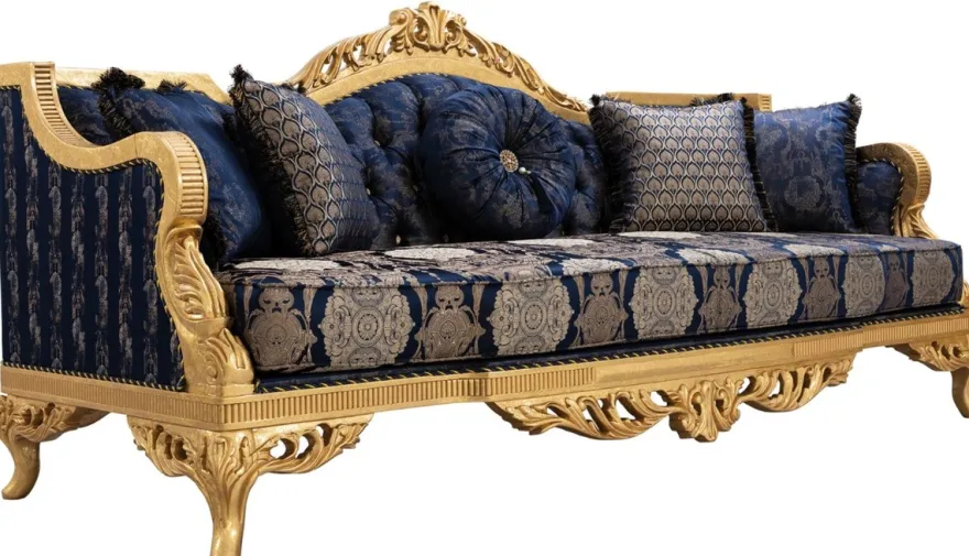 Casa Padrino Luxus Barock Wohnzimmer Set Dunkelblau / Gold - 2 Sofas & 2 Sessel & 1 Couchtisch - Prunkvolle Barock Wohnzimmer Möbel