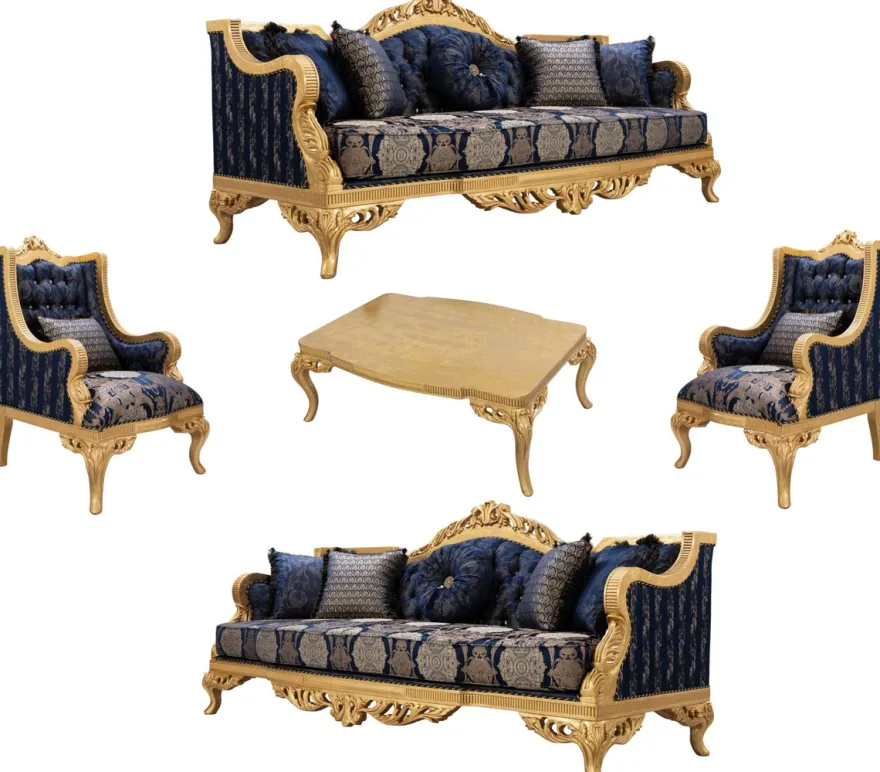Casa Padrino Luxus Barock Wohnzimmer Set Dunkelblau / Gold - 2 Sofas & 2 Sessel & 1 Couchtisch - Prunkvolle Barock Wohnzimmer Möbel