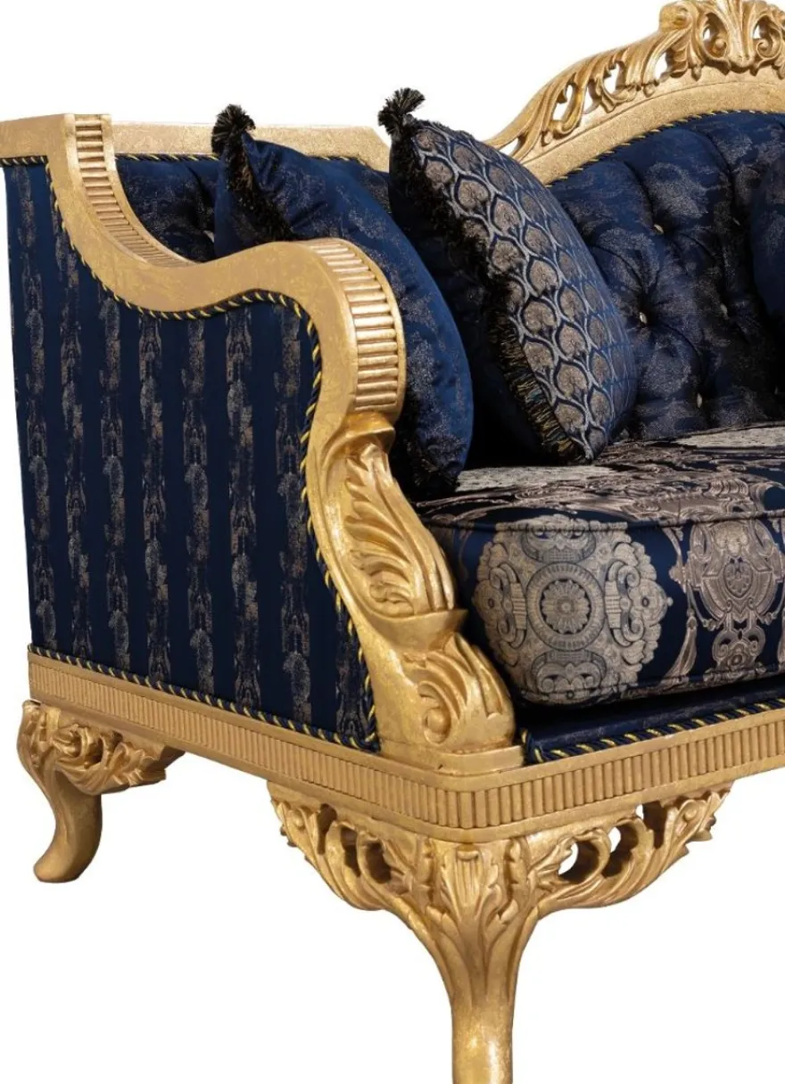 Casa Padrino Luxus Barock Wohnzimmer Set Dunkelblau / Gold - 2 Sofas & 2 Sessel & 1 Couchtisch - Prunkvolle Barock Wohnzimmer Möbel