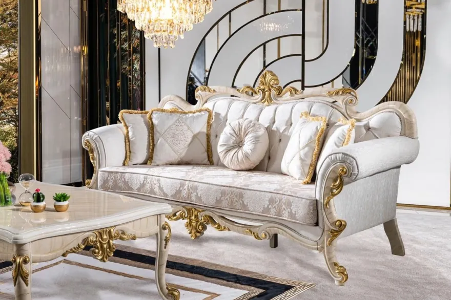Casa Padrino Luxus Barock Wohnzimmer Set Weiß / Braun / Weiß / Beige / Gold - 2 Barock Sofas & 2 Barock Sessel & 1 Barock Couchtisch - Luxus Wohnzimmer Möbel im Barockstil - Barock Möbel