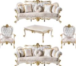 Casa Padrino Luxus Barock Wohnzimmer Set Weiß / Braun / Weiß / Beige / Gold - 2 Barock Sofas & 2 Barock Sessel & 1 Barock Couchtisch - Luxus Wohnzimmer Möbel im Barockstil - Barock Möbel