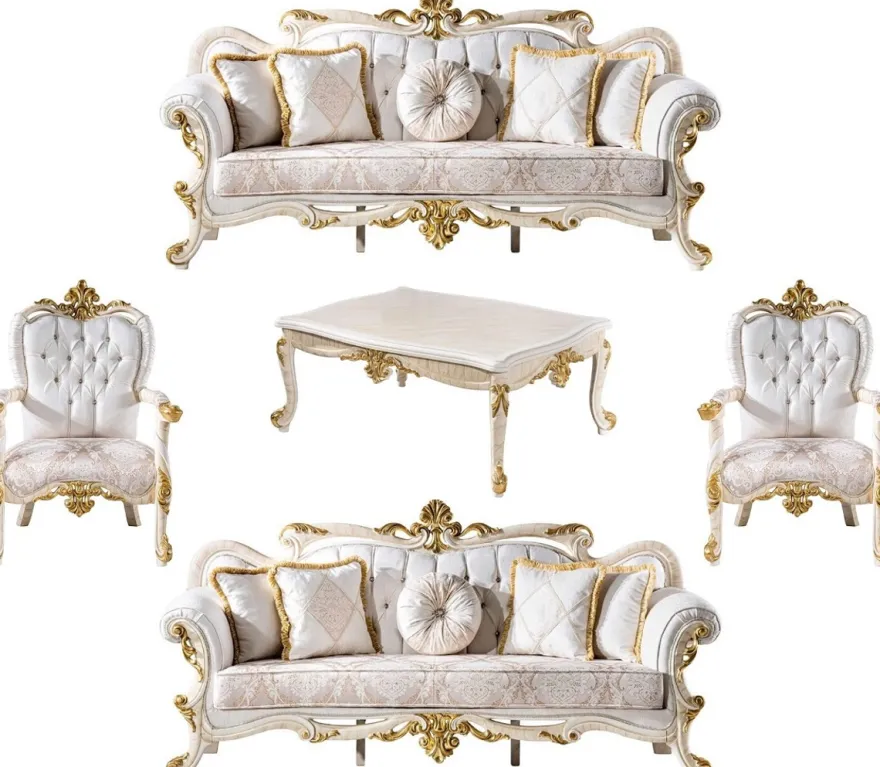Casa Padrino Luxus Barock Wohnzimmer Set Weiß / Braun / Weiß / Beige / Gold - 2 Barock Sofas & 2 Barock Sessel & 1 Barock Couchtisch - Luxus Wohnzimmer Möbel im Barockstil - Barock Möbel